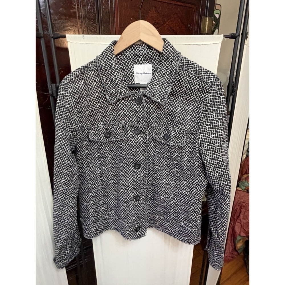 Tommy Bahama Womens M Black White Geometric Print Trucker Jacket Button Front